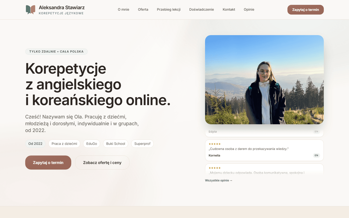 olastawiarz.pl hero: English and Korean online tutoring landing