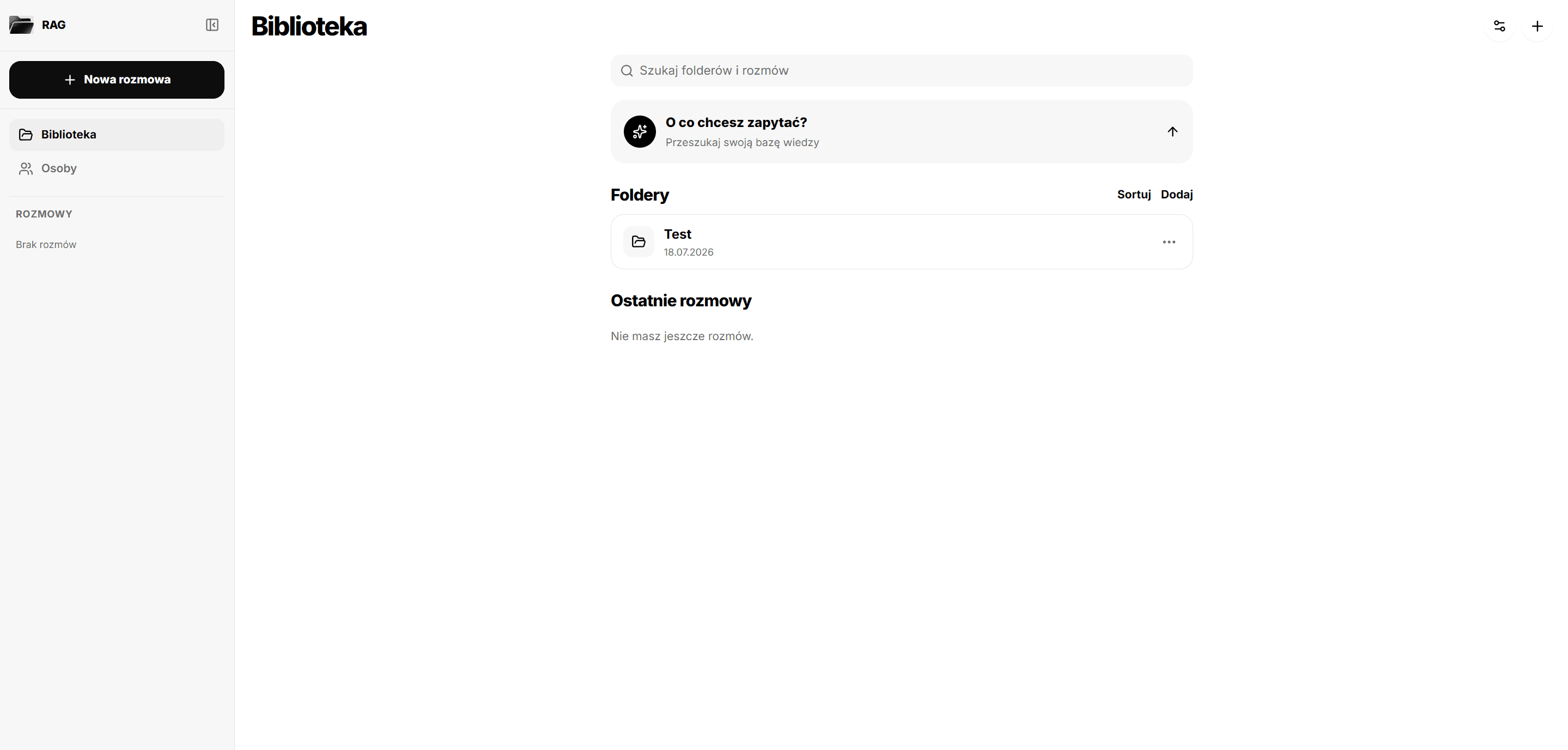 RAG library dashboard with folders and conversations