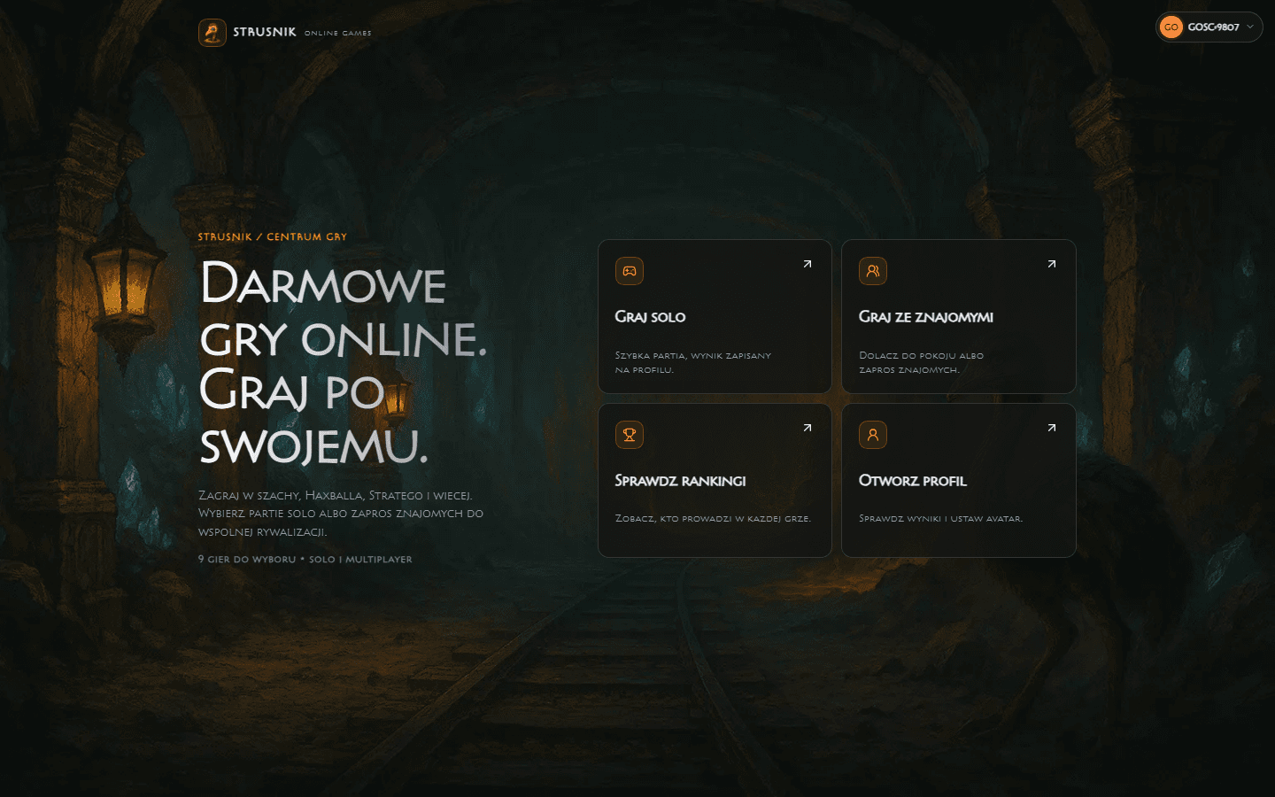 Struśnik home screen with solo play, multiplayer, rankings, and profile entry points